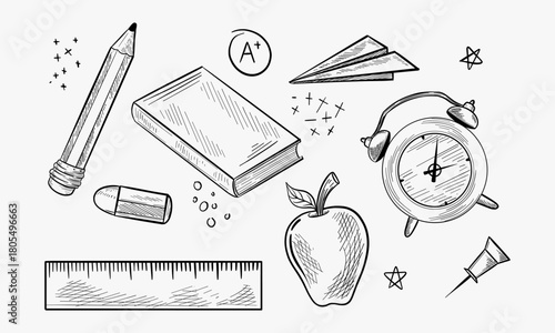 Doodle style school theme vector illustration with pencil, paper airplane, book, ruler, and apple