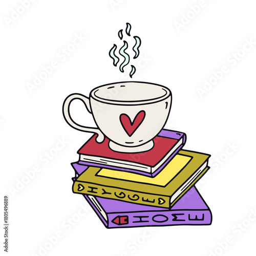 Hand drawn hygge doodle coffee cup with heart standing on stack of books icon vector illustration