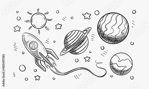 Doodle style science fiction set sketch in vector format.  Set includes retro rocket ship and a variety of cartoon planets