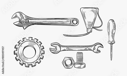 Doodle style mechanic or car maintenance vector illustration with oil can, wrench, gear, and rag