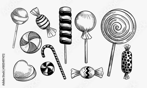 Doodle style hard candy set sketch in vector format. Includes lollipops, mints, wrapped candy, butterscotch, candy corn, gum drops, and jelly beans.