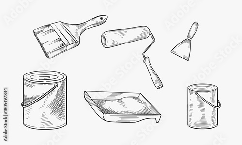 Doodle style painting equipment in vector format including paint can, roller, and brush