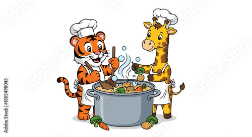 Cute cartoon tiger and giraffe chefs cooking a hearty stew in a big pot, adding vegetables like broccoli and potatoes, wearing chef hats and aprons