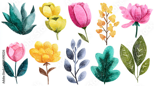 Fototapeta Naklejka Na Ścianę i Meble -  Flower crayon watercolor spring floral set. Hand drawn pastel crayon flower, leaf, plant with chalk texture. Cute nature background for kid, child, garden doodle element design. Vector illustration