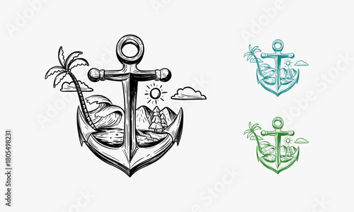 old anchor and beach vector illustration