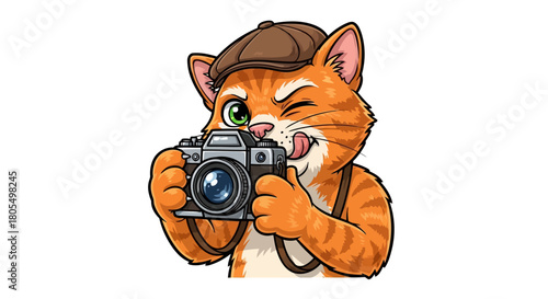 Cute orange tabby cat mascot cartoon character wearing a newsboy cap and suspenders holding a vintage camera winking and sticking out tongue isolated on white background