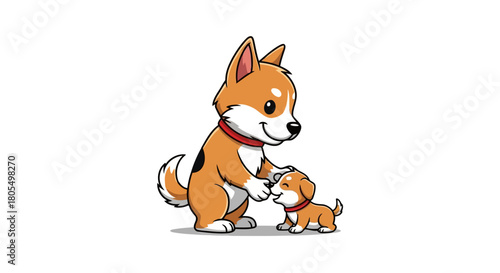 Adorable cartoon corgi dog parent with puppy in playful interaction isolated on white background depicting family bond and affection