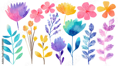 Fototapeta Naklejka Na Ścianę i Meble -  Flower crayon watercolor spring floral set. Hand drawn pastel crayon flower, leaf, plant with chalk texture. Cute nature background for kid, child, garden doodle element design. Vector illustration
