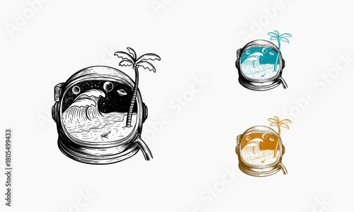 Beach view in astronaut helmet illustration