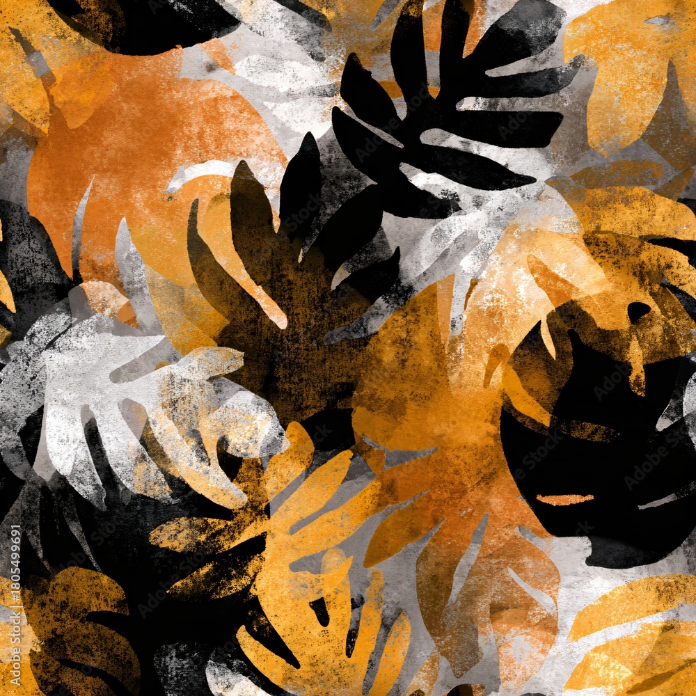 Naklejka premium Abstract seamless pattern with overlapping grunge tropical leaf shapes in orange, black, and white. Modern botanical design for fabric and wallpaper.