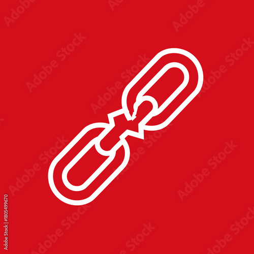 A broken chain link icon on a red background