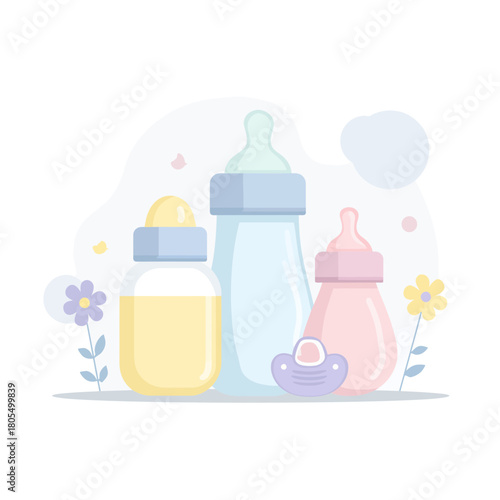 Baby Bottles and Pacifier in Cute Flat Illustration Style