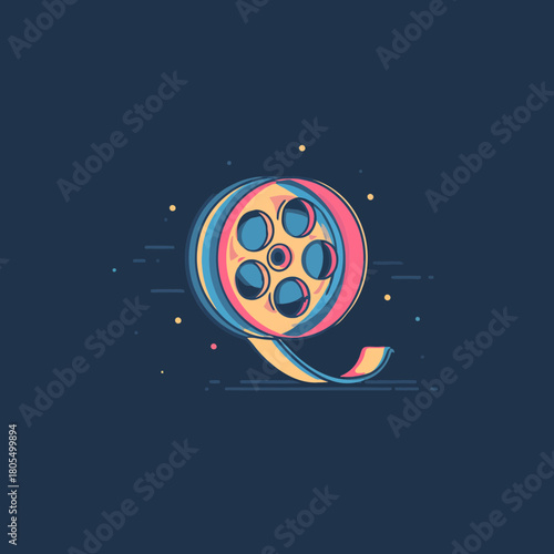 A colorful retro film reel icon in a flat design style