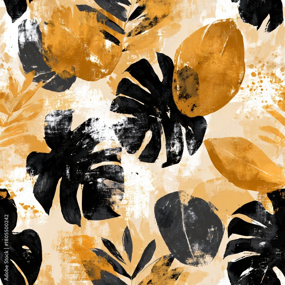 Naklejka premium Botanical pattern with abstract leaves. Modern elegant tropical foliage art. Contemporary watercolor painting for wallpaper, textile, background.