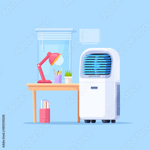Flat illustration of a portable air conditioner in a room setting
