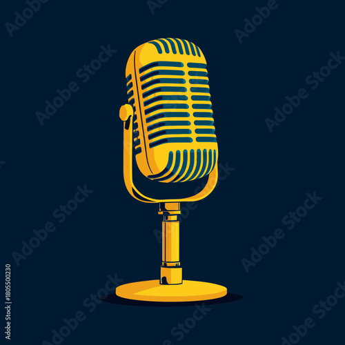 A Gold Retro Microphone Illustration With a Blue Background