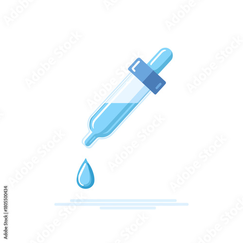 A medical dropper with blue liquid and one falling drop