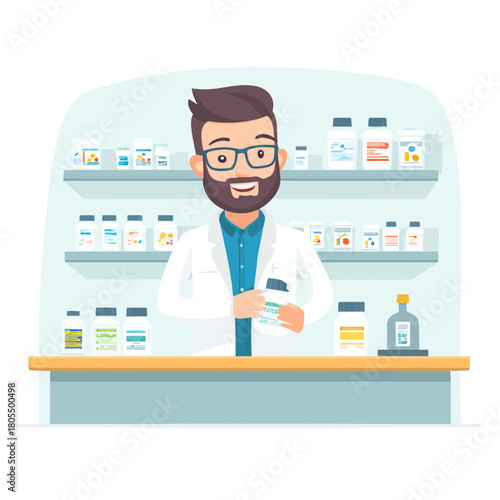 Friendly Pharmacist at Counter Dispensing Medication in Pharmacy