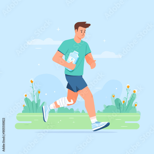 Injured athlete with ice pack running on a grass field