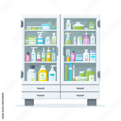 A sterile medical cabinet filled with various medicines and tools