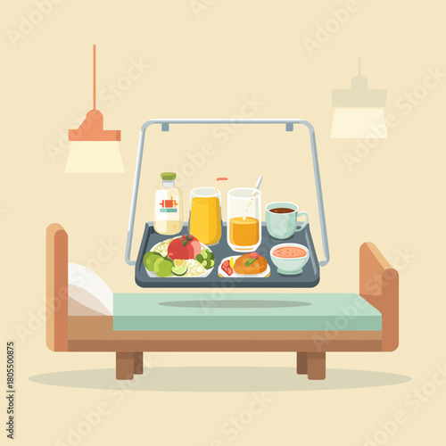 A vector illustration of a hospital bed with a food tray