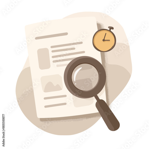 Magnifying glass examining a document with a timer