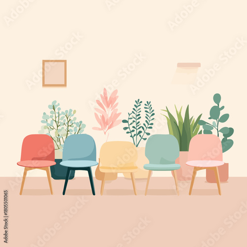 Minimalist hospital waiting room design with colorful chairs