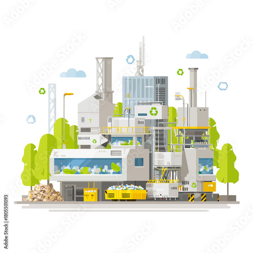 Modern recycling factory illustration showing waste management system