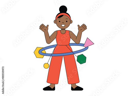 Woman with hula hoop and geometric shapes illustration