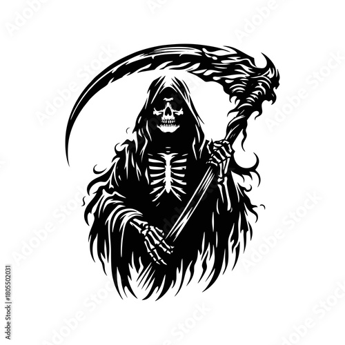 Grim Reaper Silhouette Vector. Death skeleton character holding a scythe in tattered black cloak. Horror tattoo and logo graphic isolated on white.