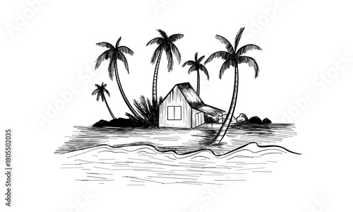 Tropical beach with palm trees and bungalow. Hand drawn sketch. Vector illustration.