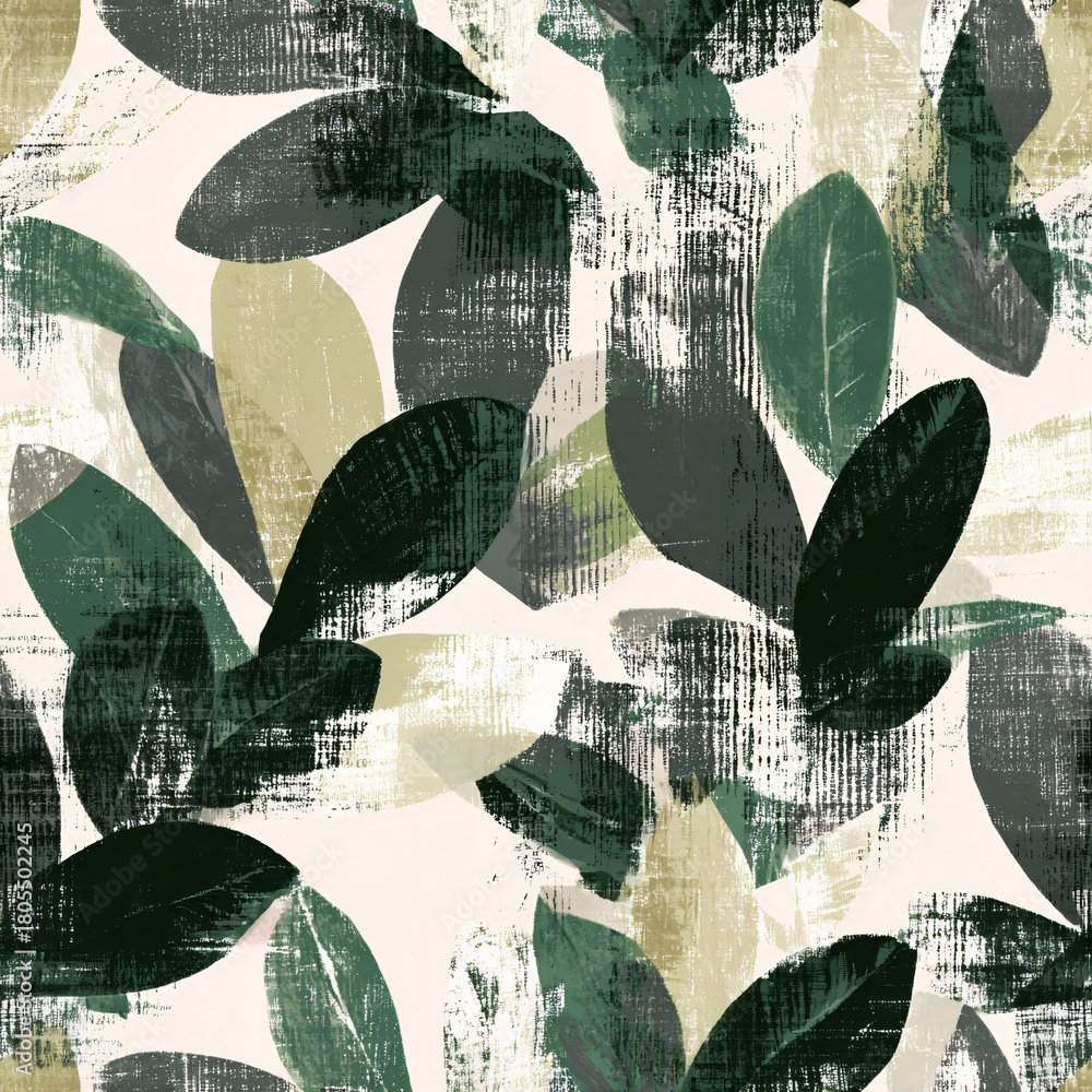 Naklejka premium Seamless pattern with distressed brushstroke leaf shapes in shades of green and cream. Abstract botanical texture for wallpaper or textile design.