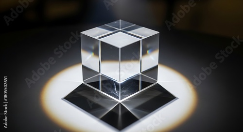 Lucid acrylic cube on a reflective surface illuminated by bright light