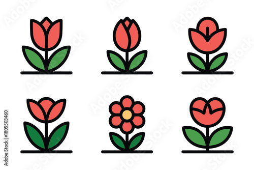 A collection of stylized floral icons featuring tulips and a daisy-like flower.