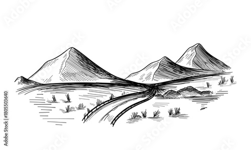 Sketch of a landscape with a road and mountains. Hand drawn illustration converted to vector