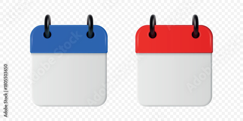 Vector 3d Calendar Icon Set in Blue and Red. Blank Square Calendar Icon Template for Planner, Schedule, Organizer, Date Reminder. Office Design Element, Modern Calendar, Front View