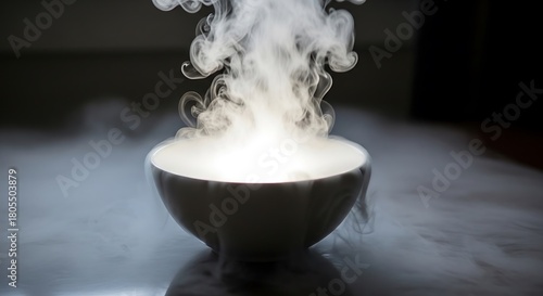 Mystical essence evaporating in a white bowl, captivating ethereal view