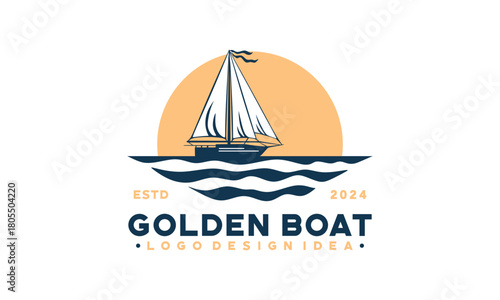 Golden catch logo with a sailboat in the ocean. Perfect for seafood restaurants, fishing charters, maritime businesses, and yacht clubs.