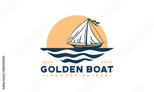 Golden catch logo with a sailboat in the ocean. Perfect for seafood restaurants, fishing charters, maritime businesses, and yacht clubs.