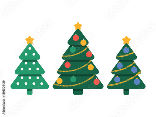 Three festive decorated Christmas trees stand ready for the holiday season.