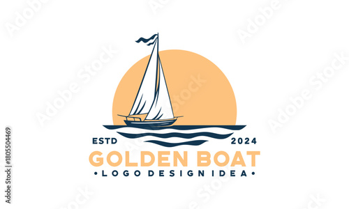 Golden catch logo with a sailboat in the ocean. Perfect for seafood restaurants, fishing charters, maritime businesses, and yacht clubs.