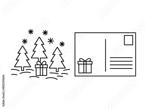 A Christmas postcard depicts snow-covered trees with gifts and a festive winter scene.