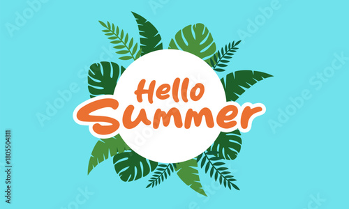 Hello Summer Poster or Banner template, Summer template featuring a tropical beach scene. Product display,Tropical summer scene,Perfect for promoting