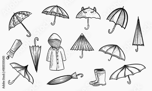 Collection of doodle sketch umbrellas on white background