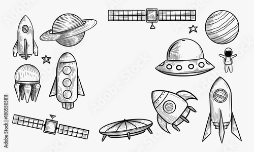 Collection of sketchy space objects isolated on white background. Space ships, rockets, space shuttle, planets, flying saucers, astronauts etc.