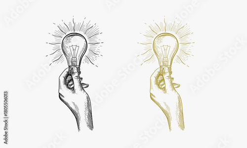 Hand drawn new idea concept with hand holding light bulb sketch