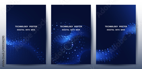 Technology Banner Poster set. Futuristic digital data wave glowing lines. Data science concept tech banner, corporate business presentation or booklet technology