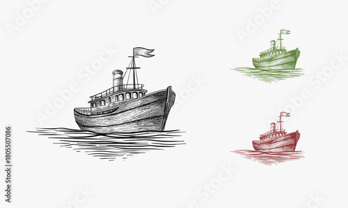 Sailing boat, fishing, sails, retro, sailor, floating,retro,realistic, marine, sketch,vector hand drawn illustration isolated