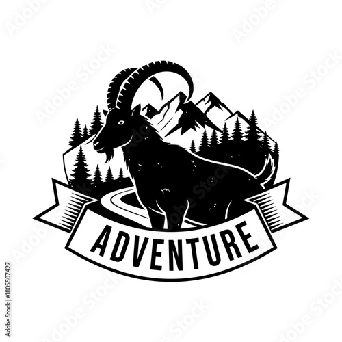 Mountain Goat Adventure Emblem Black and White Illustration.