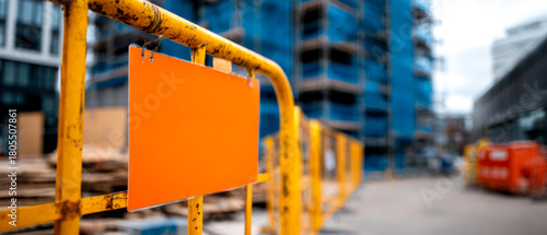 A construction site featuring an orange safety barrier with a blank sign, surrounded by building materials and scaffolding.